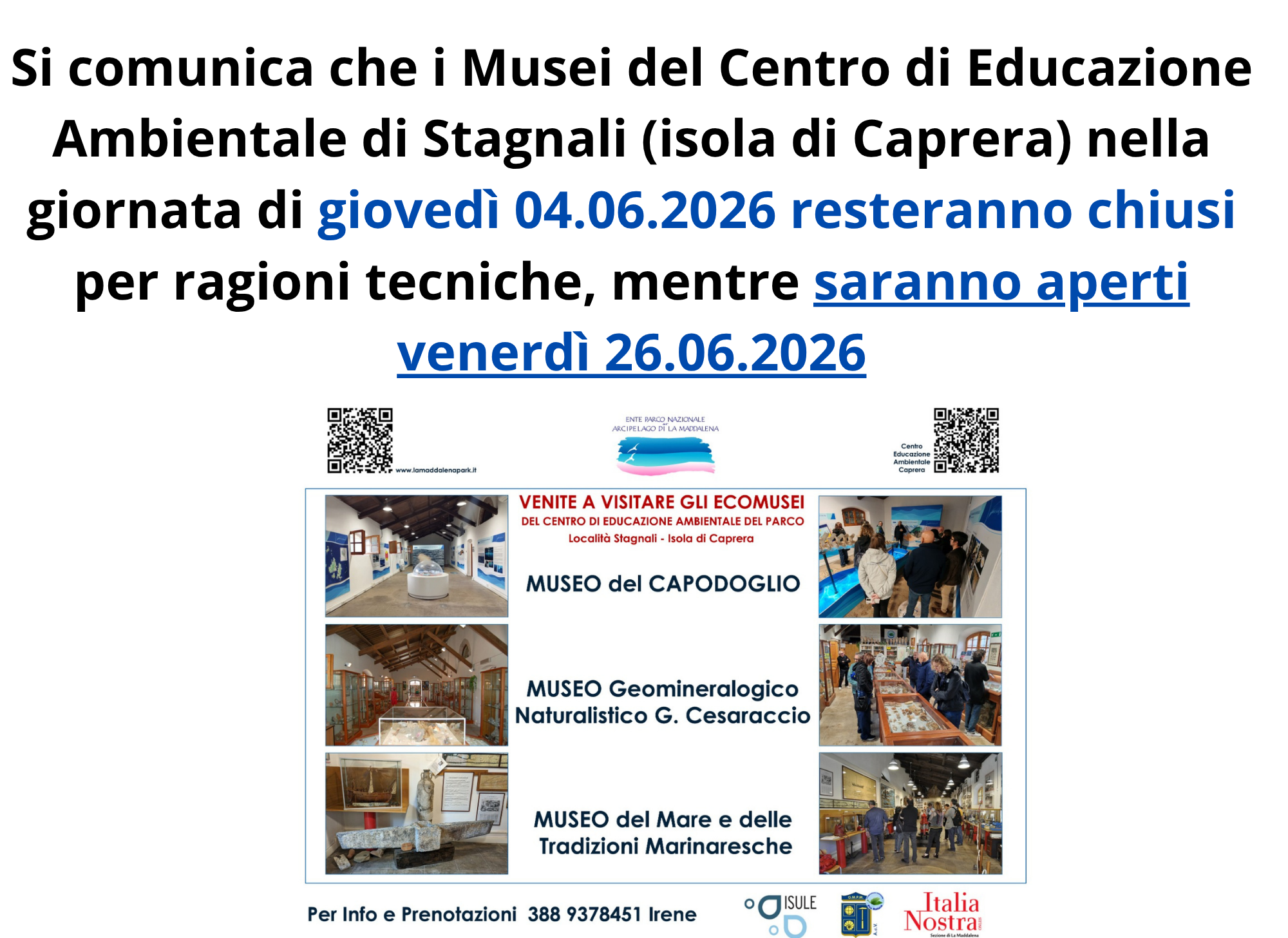 Variazioni di apertura Musei CEA di Stagnali